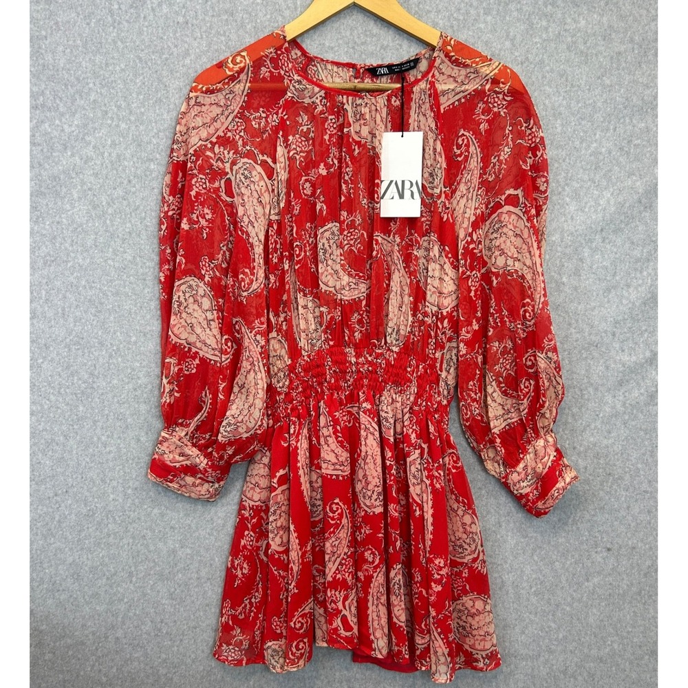 Zara Paisley Mini Dress Red Smocked Waist Long Sleeve Boho Festival Size S NWT